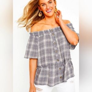 Plaid off the shoulder blouse